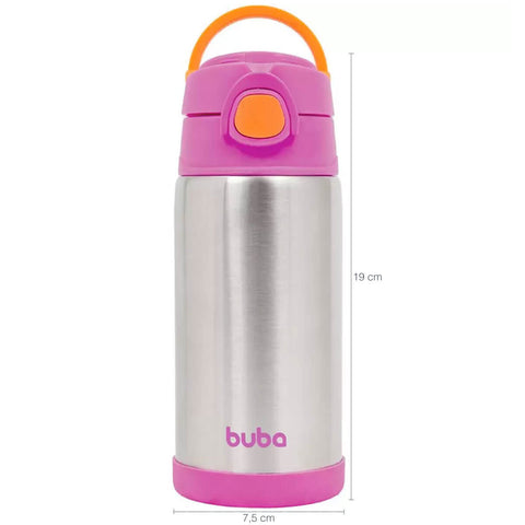 Garrafa Térmica Infantil Antivazamento Squeeze em Inox Parede Dupla 400ml com Canudo Buba Rosa