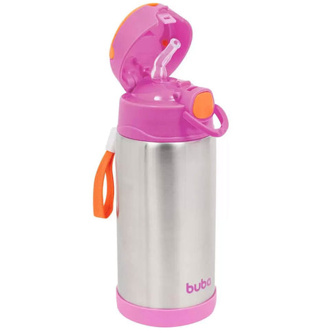 Garrafa Térmica Infantil Antivazamento Squeeze em Inox Parede Dupla 400ml com Canudo Buba Rosa