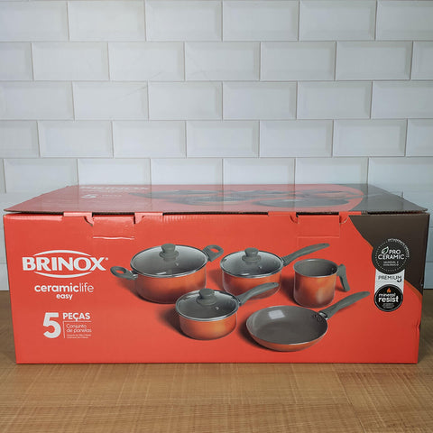 Jogo de Panelas de Cerâmica Brinox Ceramic Life Easy Conjunto Antiaderente de 5 Peças Laranja