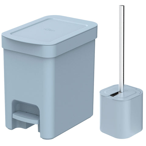 Conjunto de Banheiro Lixeira de Pedal Com Aro Interno 6L e Escova Sanitária com Suporte OU Azul Glacial