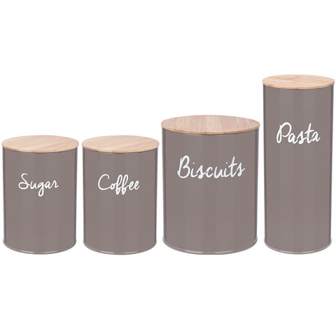 Kit 4 Latas Porta Condimentos Coffee Sugar Biscuits e Pasta Potes Herméticos em Aço e Bambu Warm Gray