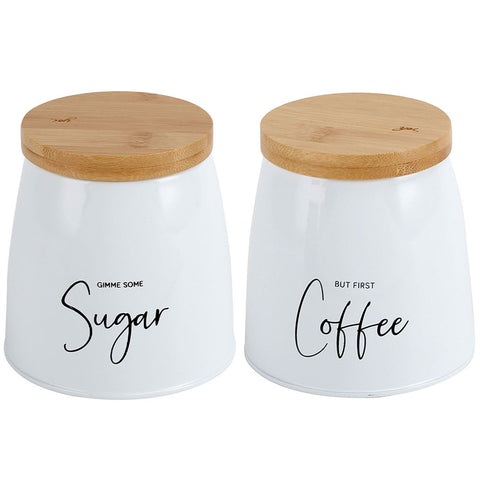 Kit 2 Latas Coffee e Sugar 800ml Potes para Açúcar e Café em Aço e Bambu Sunshine Yoi Branco