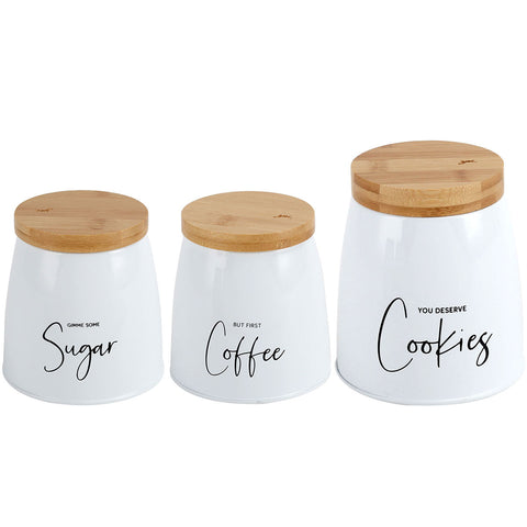 Kit 3 Latas Coffee Sugar e Cookies Sunshine Yoi Potes para Biscoitos Açúcar e Café em Aço e Bambu Brancos