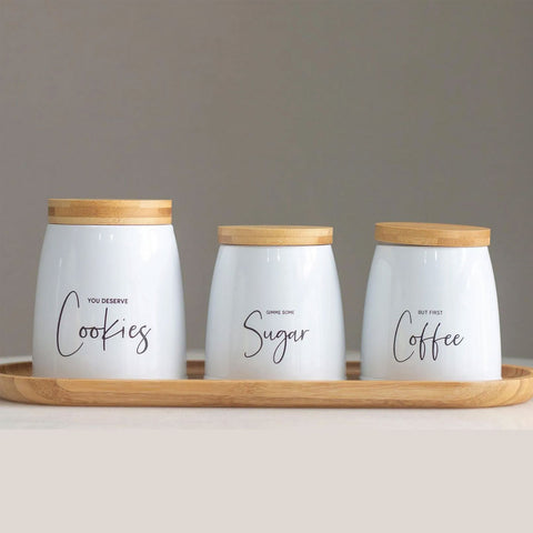 Kit 3 Latas Coffee Sugar e Cookies Sunshine Yoi Potes para Biscoitos Açúcar e Café em Aço e Bambu Brancos