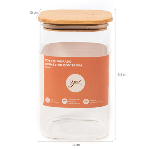 Pote Hermético Quadrado De Vidro Com Tampa De Bambu 1200ml Porta Mantimento Médio Yoi