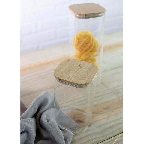 Pote Hermético Quadrado De Vidro Com Tampa De Bambu 1200ml Porta Mantimento Médio Yoi
