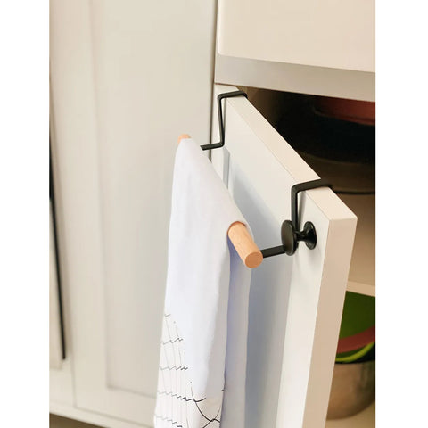 Suporte Toalheiro Porta De Armário Cozinha De Aço Carbono Preto E Madeira Porta Toalha Yoi