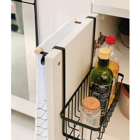 Suporte Organizador Para Porta De Armário De Aço Carbono Preto E Porta Pano Em Madeira Yoi